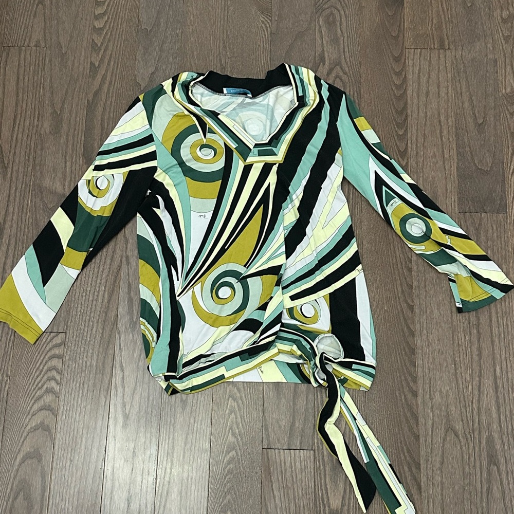 Emilio Pucci Green and Black Graphic Tie Front Blouse